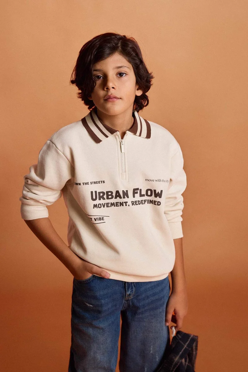 ديفاكتو Boy Polo Collar Printed Soft Fleece Lining Sweatshirt