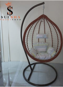SULSHA Hanging Egg Indoor Outdoor Patio Wicker Rattan Swing Chair with UV Resistant Random Washable Cushions & Iron Frame for Garden, Living Room & Backyard - Brown and White  - Image 1