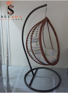 SULSHA Hanging Egg Indoor Outdoor Patio Wicker Rattan Swing Chair with UV Resistant Random Washable Cushions & Iron Frame for Garden, Living Room & Backyard - Brown and White  - Image 2