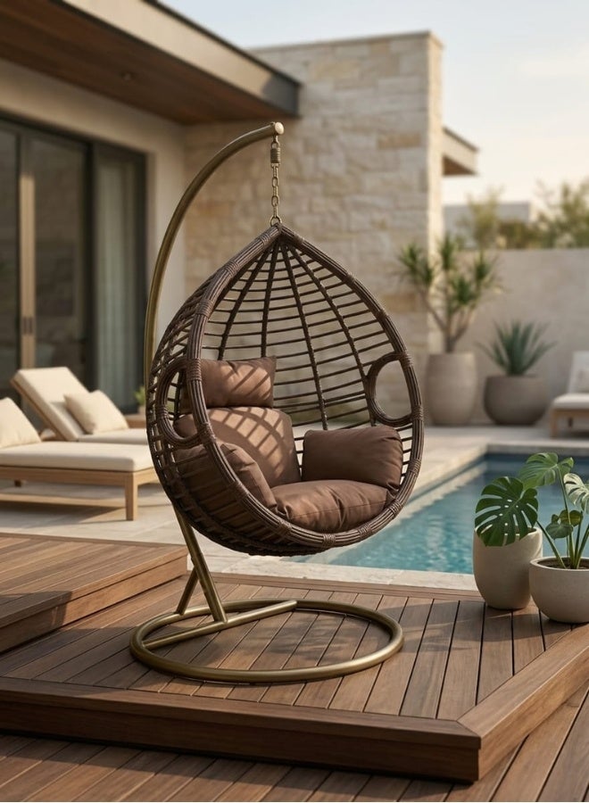 SULSHA Hanging Egg Indoor Outdoor Patio Wicker Rattan Swing Chair with UV Resistant Random Washable Cushions & Iron Frame for Garden, Living Room & Backyard - Brown and White - Image 2
