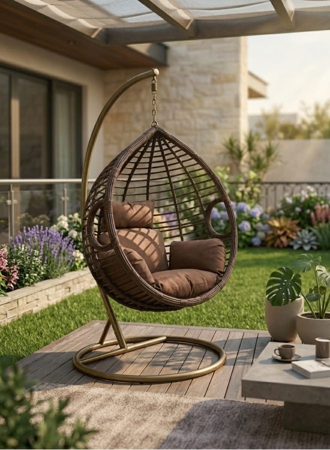 SULSHA Hanging Egg Indoor Outdoor Patio Wicker Rattan Swing Chair with UV Resistant Random Washable Cushions & Iron Frame for Garden, Living Room & Backyard - Brown and White - Image 1