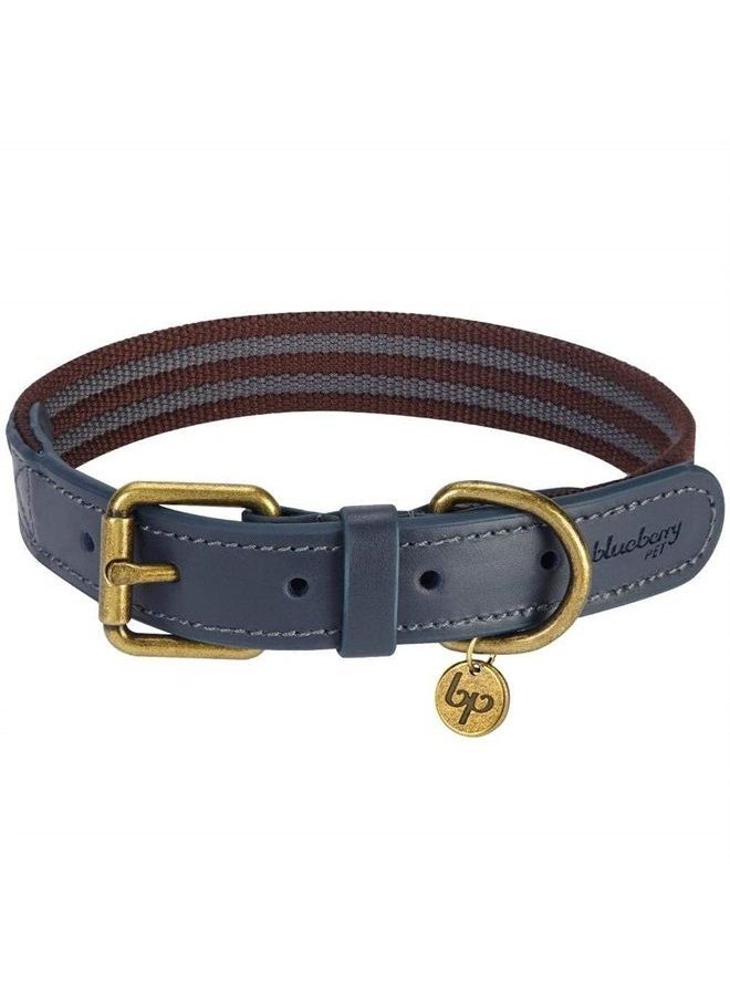 Blueberry Pet Soft & Comfy Genuine Full Grain Leather & Polyester Combo Adjustable Dog Collar - Classic Staple Striped in Noir Grey and Burgundy, Small, Neck 12"-15" 
