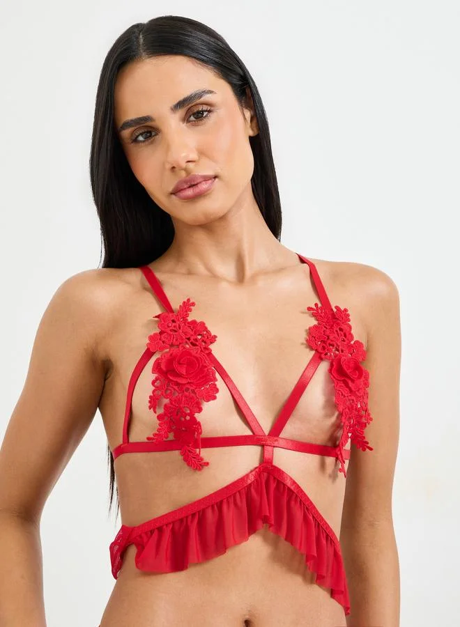 Take Two Red Floral Embroidered Ruffle Lingerie Set