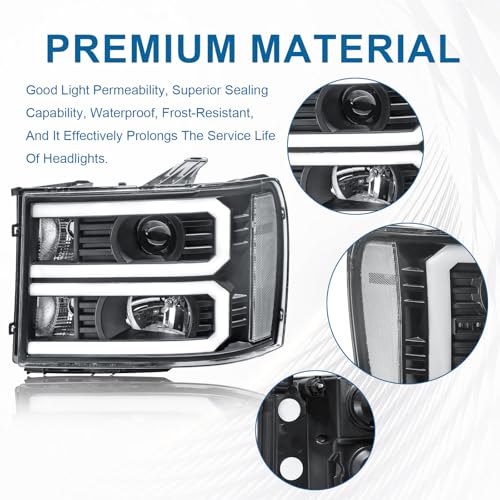 Fullux LED DRL Headlights for 2007-2013 GMC Sierra 1500 2500HD 3500HD No Classic Front Lights 2PC Replacements Front Left Right Side Headlamp Black Housing Clear Reflector 07-14 - Image 5