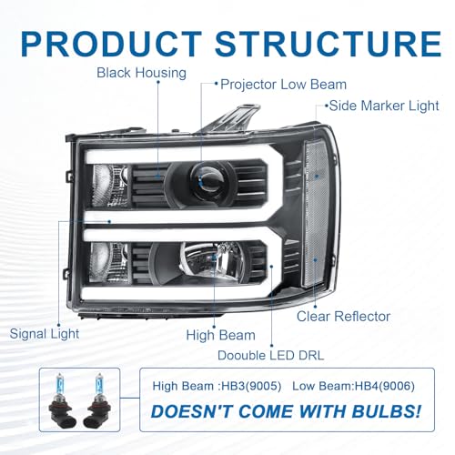 Fullux LED DRL Headlights for 2007-2013 GMC Sierra 1500 2500HD 3500HD No Classic Front Lights 2PC Replacements Front Left Right Side Headlamp Black Housing Clear Reflector 07-14 - Image 3