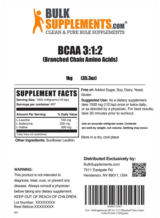 BULKSUPPLEMENTS.COM BCAA 3:1:2 Powder - Branched Chain Amino Acids - BCAA Supplements - Amino Acid Powder - BCAA Powder - BCAAs Amino Acids Powder - 1500mg per Serving (1 Kilogram - 2.2 lbs) - Image 2