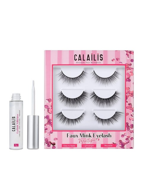 False Eyelash, Eye Makeup Lash 3D Faux Mink Fake Eyelash Long Natural Eyelashes 3 Pairs With 5G False Eyelash Glue (Cs02)