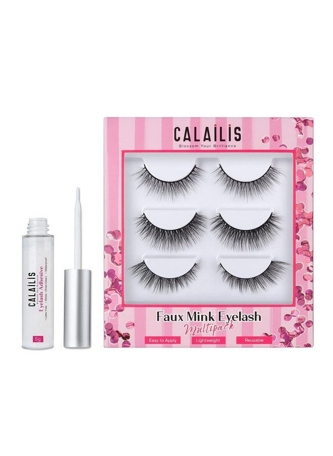Calailis - False Eyelash, Eye Makeup Lash 3D Faux Mink Fake Eyelash Long Natural Eyelashes 3 Pairs With 5G False Eyelash Glue (Cs02) - Image 1