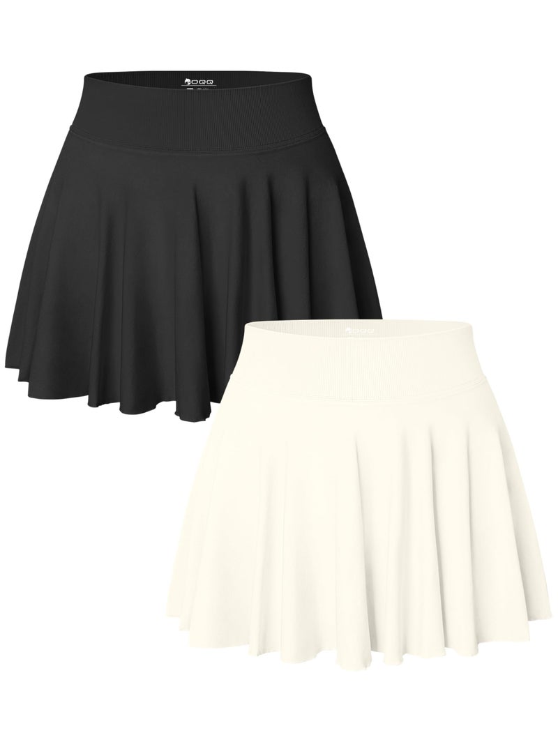 OQQ Women 2 Piece Skirts 2 in 1 Flowy Basic Versatile Stretchy Flared Casual Mini Skirts Blakc Beige - Image 1
