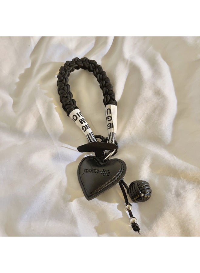 Ins White Leather Ball Love Pendant Mobile Phone Lanyard Bag Hanging Decorations Bold Short Wristband Mobile Phone Universal-Specification:Black Leather Ball Heart+jh55 Black+black Triangle - Image 1