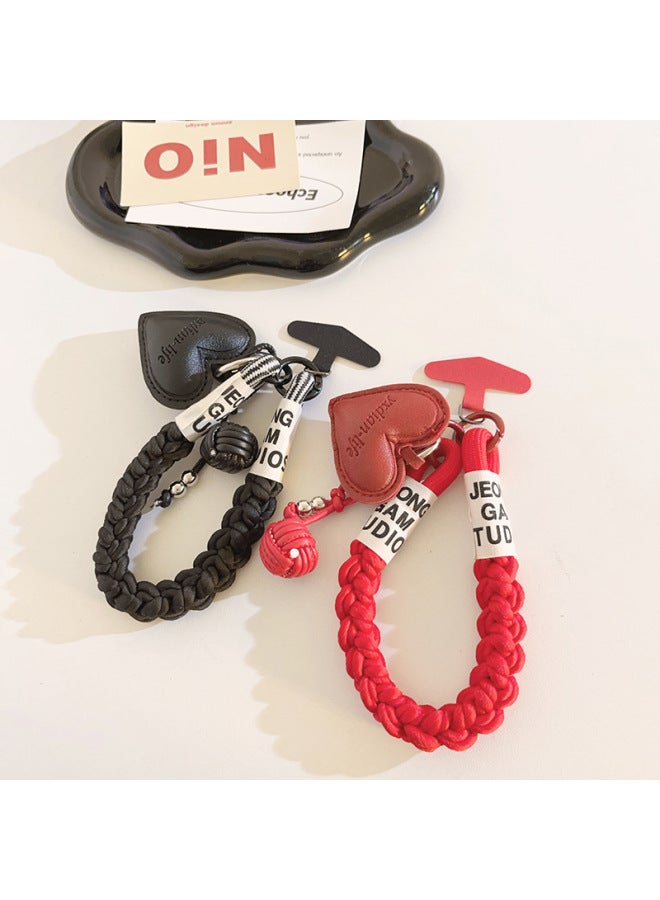 Ins White Leather Ball Love Pendant Mobile Phone Lanyard Bag Hanging Decorations Bold Short Wristband Mobile Phone Universal-Specification:Black Leather Ball Heart+jh55 Black+black Triangle - Image 3