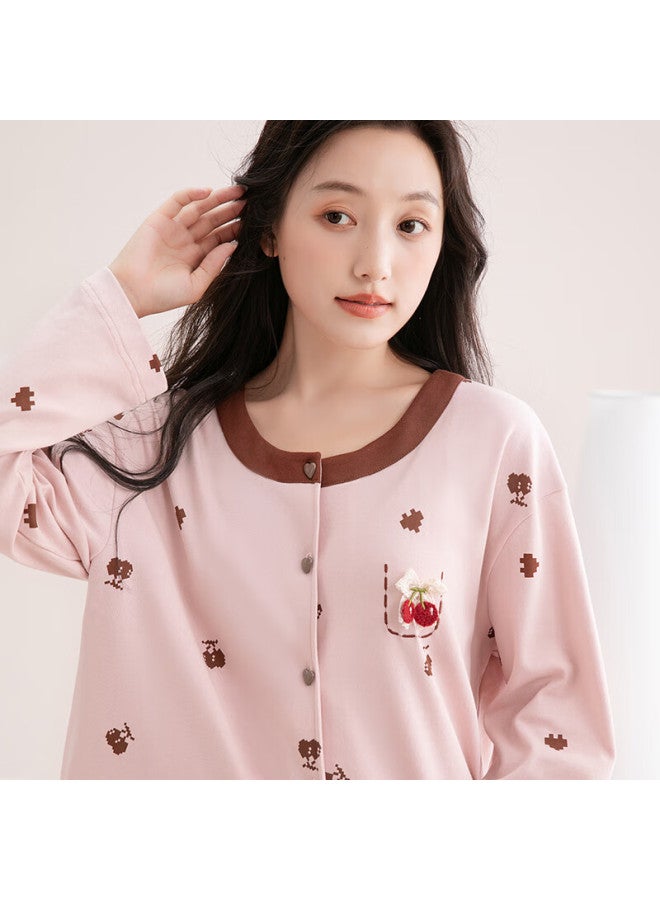 Fenton Fenteng Women's 100% Cotton Anti-static Autumn New Product Color-blocked Round Neck Sweet Cherry Ladies' Home Wear - Image 3