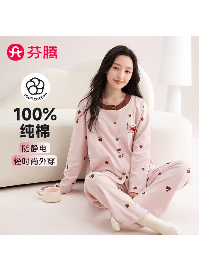 Fenton Fenteng Women's 100% Cotton Anti-static Autumn New Product Color-blocked Round Neck Sweet Cherry Ladies' Home Wear - Image 1