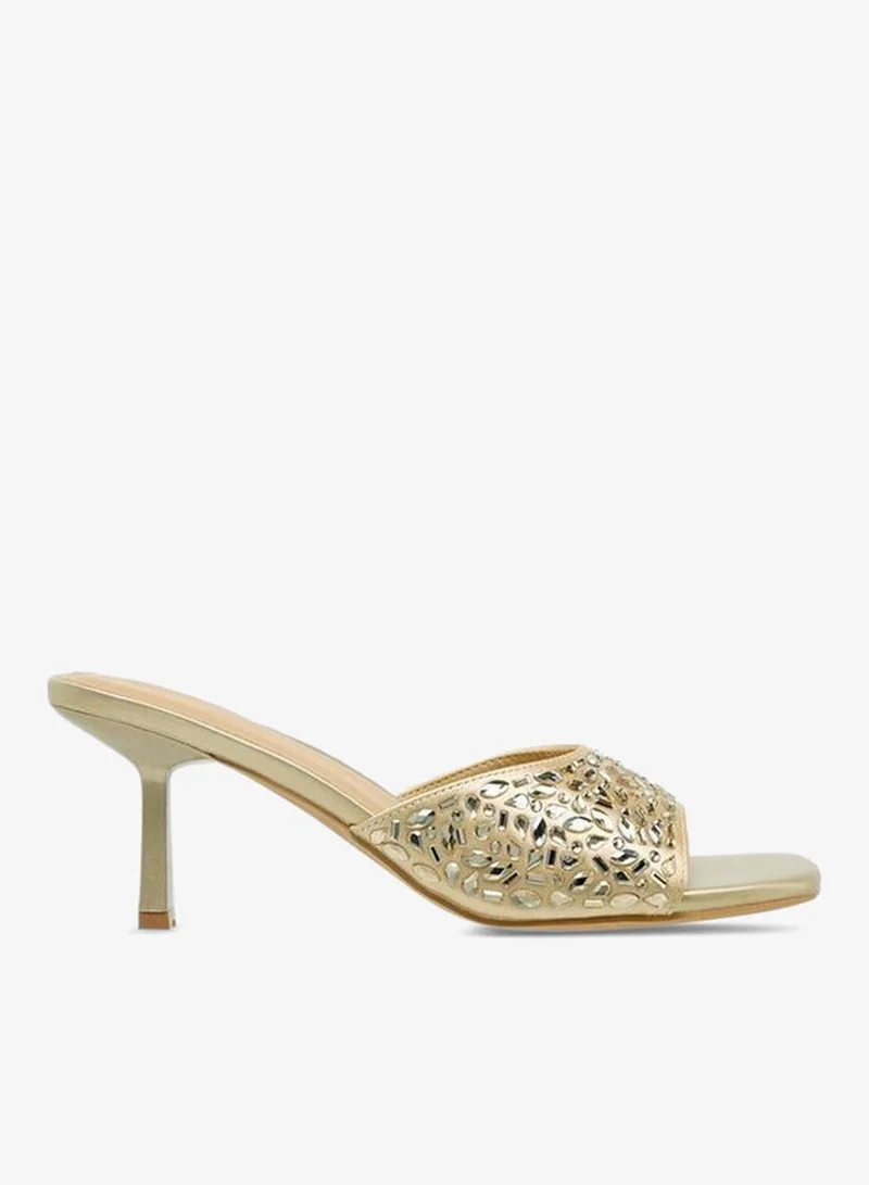 Flora Bella By Shoexpress GOLD Women Embellished Flared Heel Sandals Ramadan Collection for Women | Best Price UAE