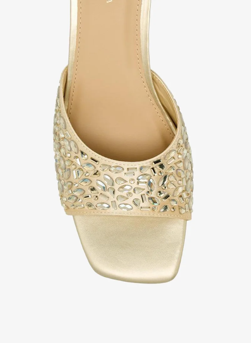 Flora Bella By Shoexpress GOLD Women Embellished Flared Heel Sandals Ramadan Collection for Women | Best Price UAE
