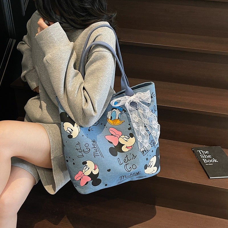 Japanese Denim Bag Large Capacity Cartoon Mickey Donald Duck Handbag New Casual Tote Shoulder Bag - Image 4