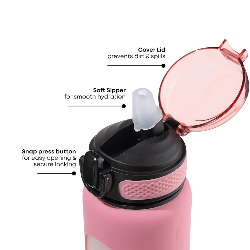 TintBox 1 Litre Motivational Borosilicate Glass Sipper with Silicone Sleeve, Time Markings, Leak-Proof (Venus Pink) - Image 3