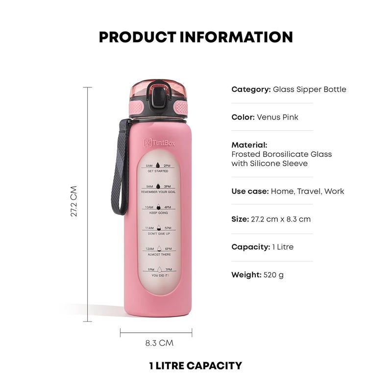 TintBox 1 Litre Motivational Borosilicate Glass Sipper with Silicone Sleeve, Time Markings, Leak-Proof (Venus Pink) - Image 2