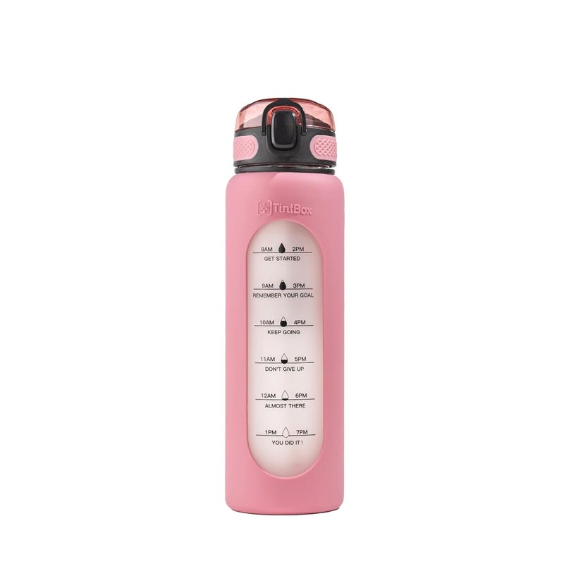 TintBox 1 Litre Motivational Borosilicate Glass Sipper with Silicone Sleeve, Time Markings, Leak-Proof (Venus Pink) - Image 1