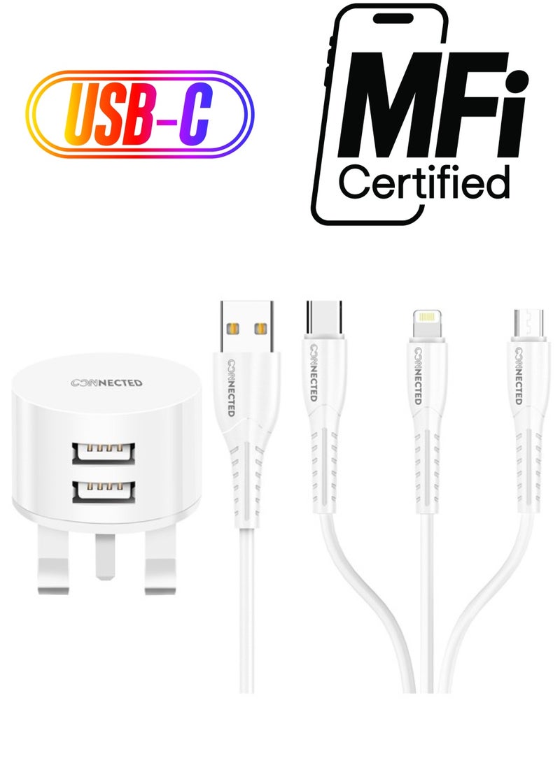 Connected Wall Charger With 3 In 1 Data Sync Charging Cable White - Image 1