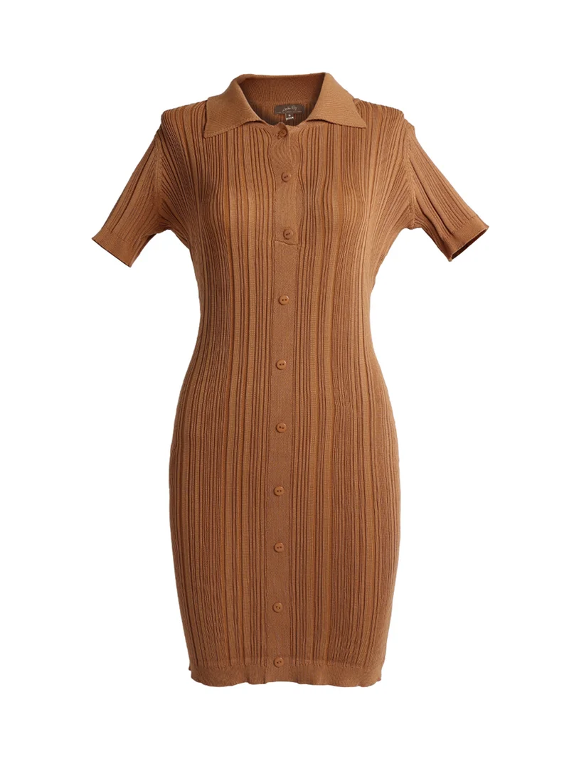 London Rag Camel Collared Bodycon Sweater Dress