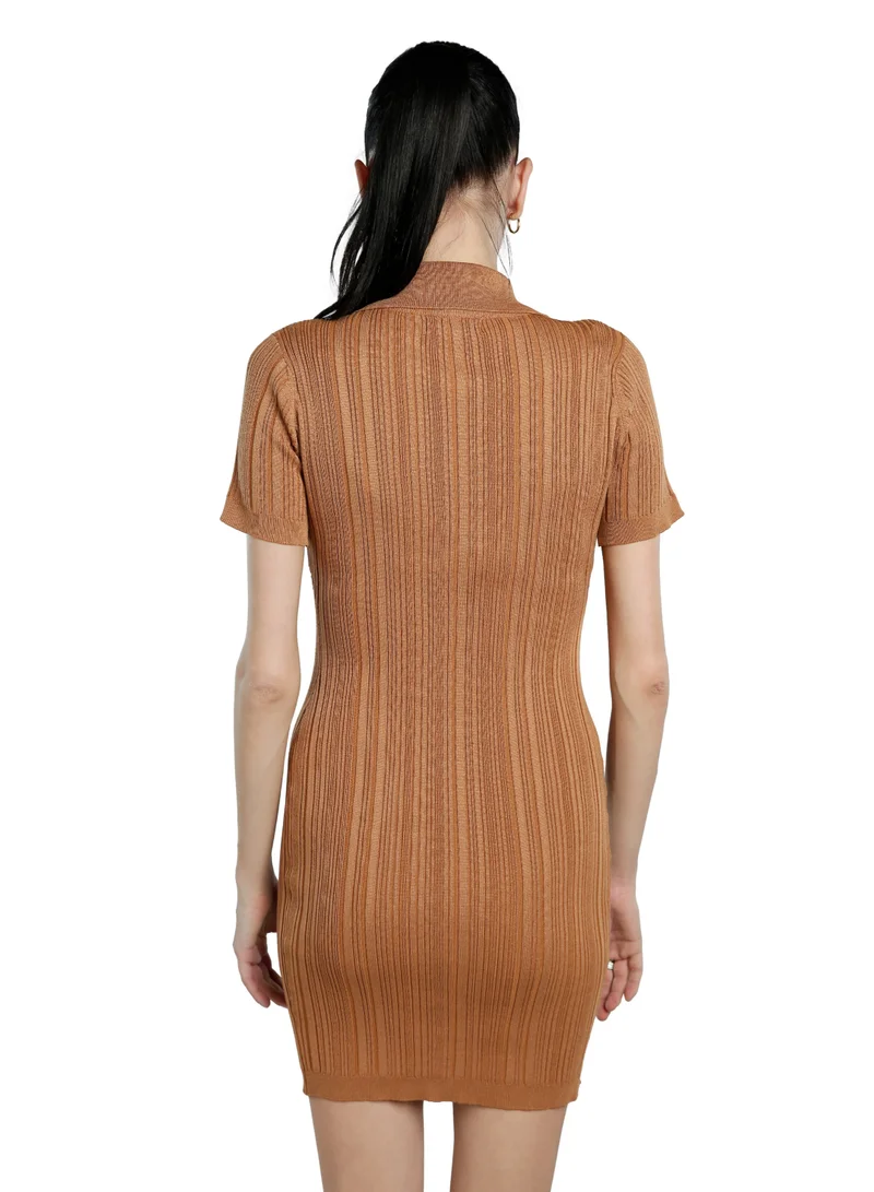 London Rag Camel Collared Bodycon Sweater Dress