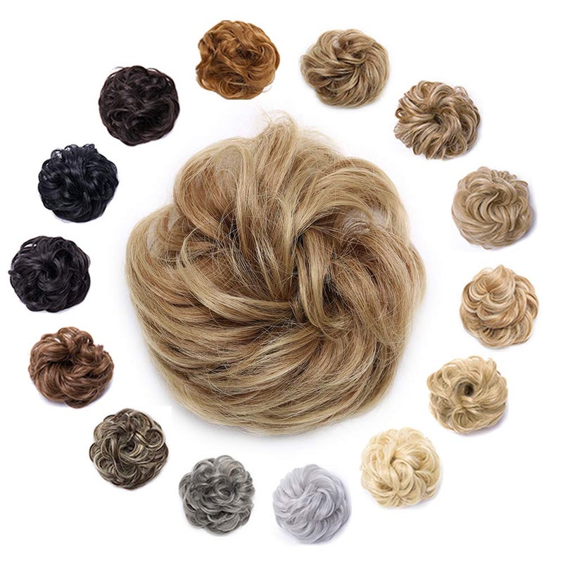 Hairro Messy Hair Bun Synthetic Scrunchy Donut Wavy Updo Elastic Scrunchie Thick Full Wedding Hair Pieces Bridal Hairpiece Easy Bun Updos for Women Kids 2pcs 40g 12T24 Light Brown Mix Ash Blonde