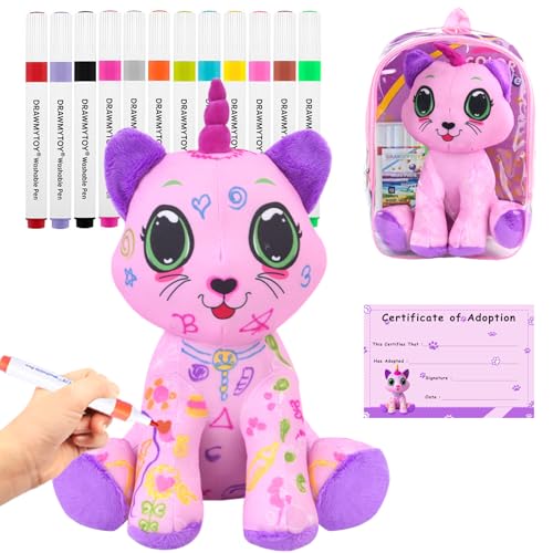 DRAWMYTOY Coloring Plush Toy with 12 Washable Markers for Little Girls Doodle Dolls Arts and Crafts Soft DIY Washable Doodle Stuffed Animal Toy for Kids Ages 46 Birthday Pink Cat - Image 1