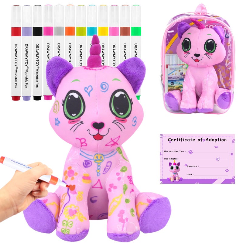 DRAWMYTOY Coloring Plush Toy with 12 Washable Markers for Little Girls Doodle Dolls Arts and Crafts Soft DIY Washable Doodle Stuffed Animal Toy for Kids Ages 46 Birthday Pink Cat - Image 2