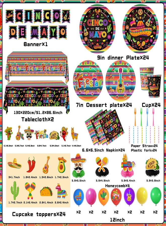YTGUVBK Cinco De Mayo Decorarions, Fiesta Party Decorations Mexican Tableware incldue Fiesta Plates and Napkins,Cups,Banner,Balloons,Tablecloth,Hanging Swirl,Cake Topper,Honeycomb for Mexican Party Supplies - Image 5