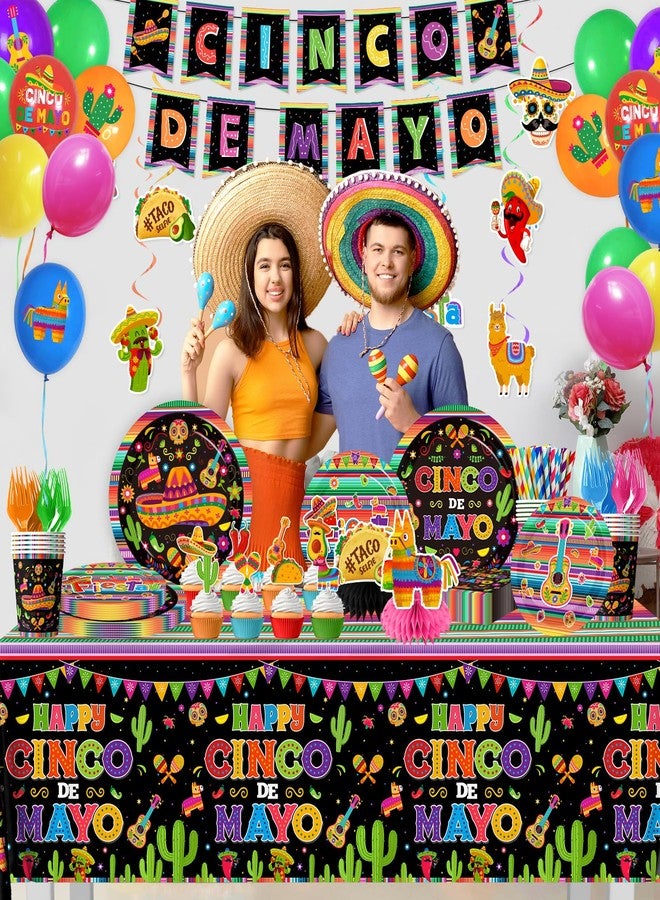 YTGUVBK Cinco De Mayo Decorarions, Fiesta Party Decorations Mexican Tableware incldue Fiesta Plates and Napkins,Cups,Banner,Balloons,Tablecloth,Hanging Swirl,Cake Topper,Honeycomb for Mexican Party Supplies - Image 2