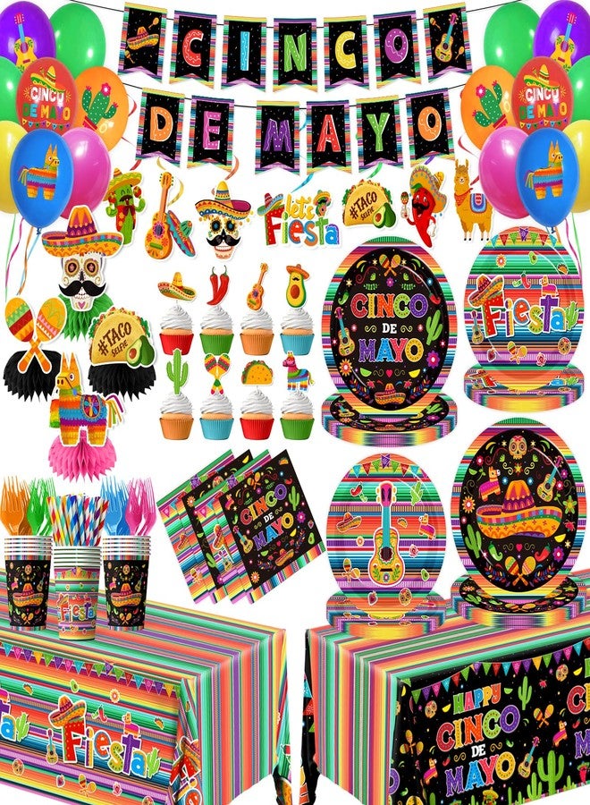 YTGUVBK Cinco De Mayo Decorarions, Fiesta Party Decorations Mexican Tableware incldue Fiesta Plates and Napkins,Cups,Banner,Balloons,Tablecloth,Hanging Swirl,Cake Topper,Honeycomb for Mexican Party Supplies - Image 1