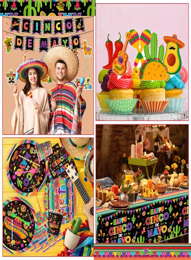 YTGUVBK Cinco De Mayo Decorarions, Fiesta Party Decorations Mexican Tableware incldue Fiesta Plates and Napkins,Cups,Banner,Balloons,Tablecloth,Hanging Swirl,Cake Topper,Honeycomb for Mexican Party Supplies - Image 4