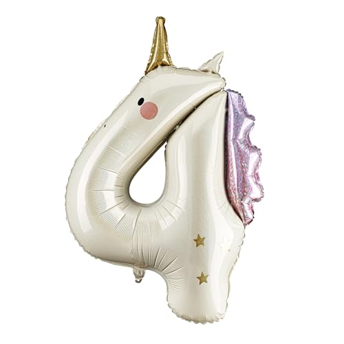 PartyDeco Unicorn Number 4 Balloon PartyDeco 365 Inch Holographic Foil Birthday Number Balloon for Girls Unicorn 4th Birthday Decorations Air Helium - Image 1
