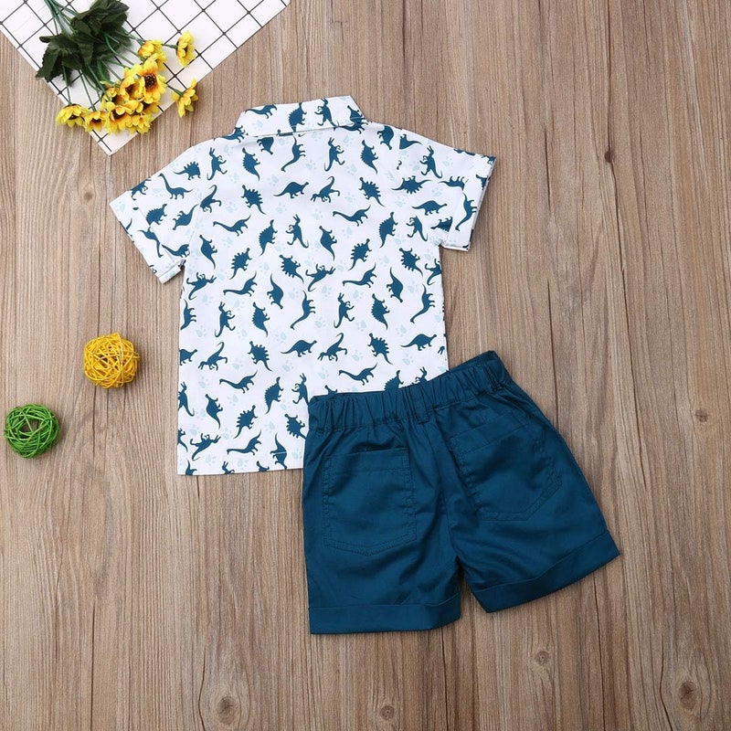 fhutpw Baby Toddler Boy Outfits 2T 3T 4T 5T Clothes Summer Kids Pattern Short Sleeve Button Down Shirt & Shorts Set - Image 3