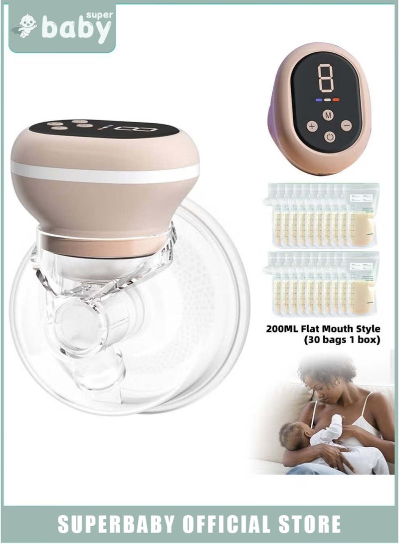 سوبر بيبي مضخة ثدي كهربائية يمكن ارتداؤها بدون استخدام اليدين مع 30 قطعة من أكياس تخزين حليب الثدي، منخفضة الضوضاء وغير مؤلمة، مع شاشة LCD، مجهزة بـ 3 أوضاع و9 تروس - Image 1