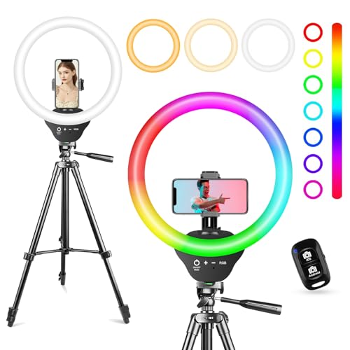 Sensyne إضاءة حلقة RGB بحجم 10 بوصات من Sensyne مع حامل ثلاثي قابل للتمديد بطول 50 بوصة، أضواء دائرية مع حامل هاتف للبث المباشر/المكياج/فيديو يوتيوب/تيك توك، متوافقة مع جميع الهواتف - Image 1