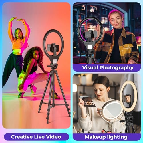 Sensyne إضاءة حلقة RGB بحجم 10 بوصات من Sensyne مع حامل ثلاثي قابل للتمديد بطول 50 بوصة، أضواء دائرية مع حامل هاتف للبث المباشر/المكياج/فيديو يوتيوب/تيك توك، متوافقة مع جميع الهواتف - Image 2