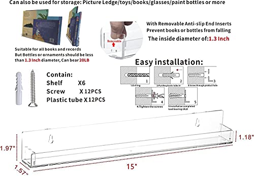 Cq acrylic Invisible Clear Floating Bookshelf - 15" Hanging Wall Mounted Display Shelf for Kids Room, Modern U Shaped Ledge for Books,Picture,Toys, Vinyl Records Wall Display Shelf,Pack of 6 - Image 2