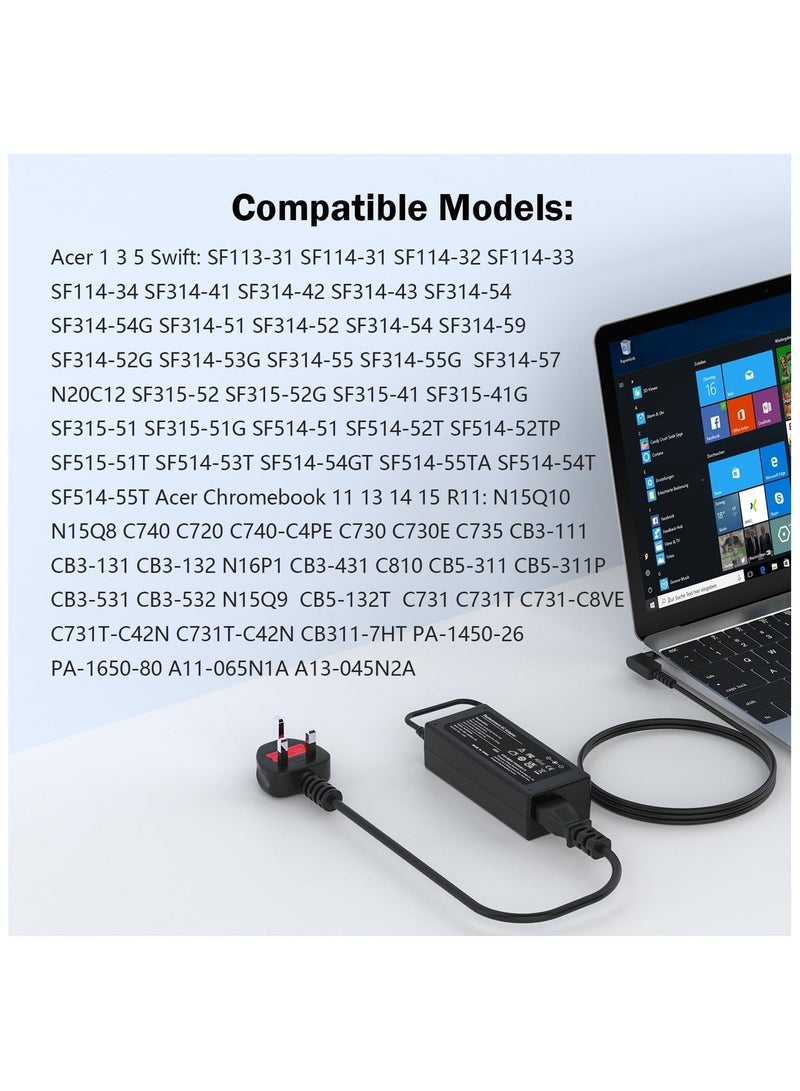 65W Laptop Charger For Acer Swift 1/3/5 SF114-34 SF114-32 SF114-33 SF315-41 SF315-52 Chromebook 11/13/14/15/CB3/CB5/C720p CB3-431/CB3-111/CB5-571 Power AC Adapter Connector (3.0mm x 1.1mm) - Image 2