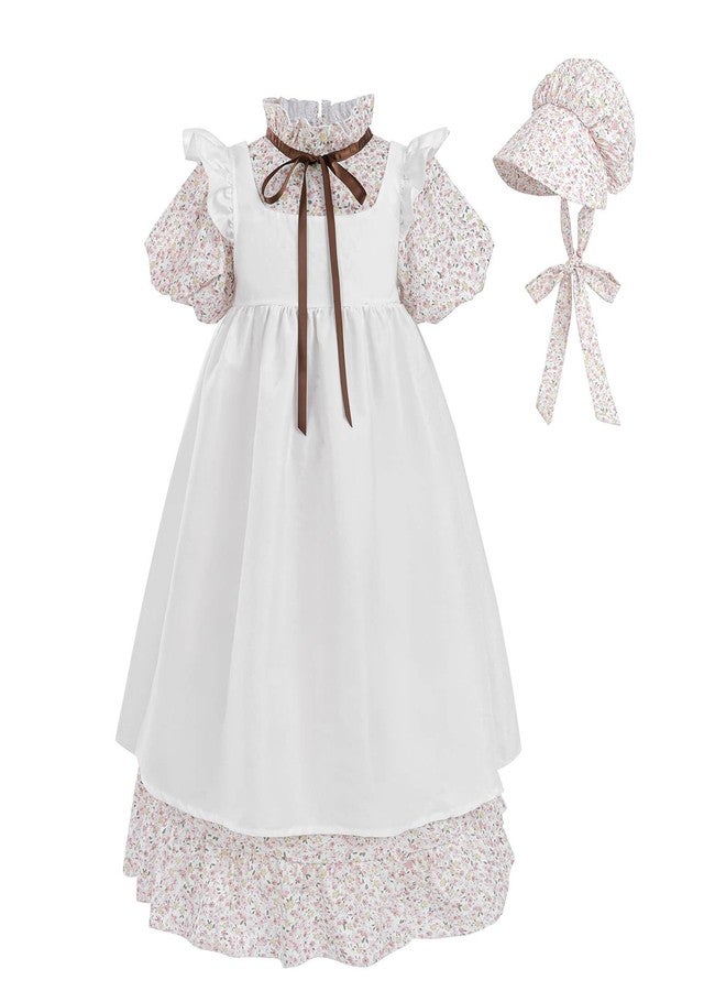 Nuoqi Prairie Dress Girls Pioneer Dress Long Sleeve Colonial Girl Costume with Apron Pink, 6-7 - Image 1