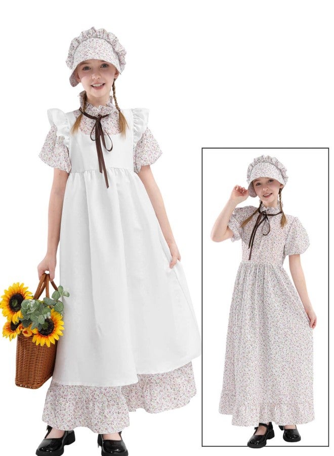 Nuoqi Prairie Dress Girls Pioneer Dress Long Sleeve Colonial Girl Costume with Apron Pink, 6-7 - Image 2