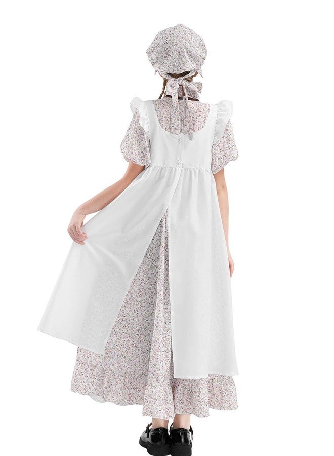 Nuoqi Prairie Dress Girls Pioneer Dress Long Sleeve Colonial Girl Costume with Apron Pink, 6-7 - Image 3