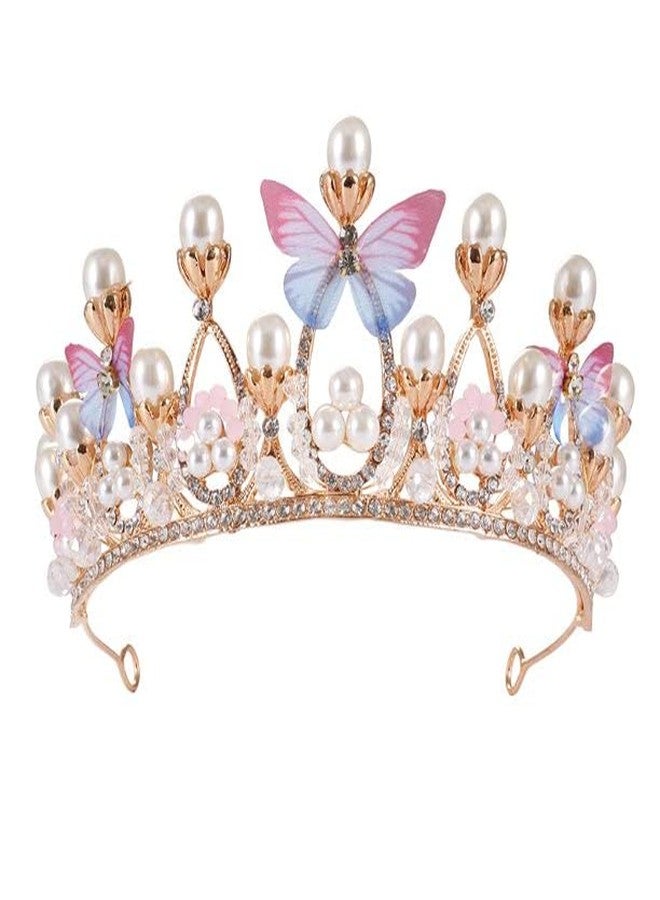 CARTSHOPPER Princess Crown Butterfly, Crystal Tiara Pearl, Bridal Tiara Elegant Prom Hair Jewelry Crown, Birthday, Celebration, Holiday,Costume Party Gift for Girls - Image 1