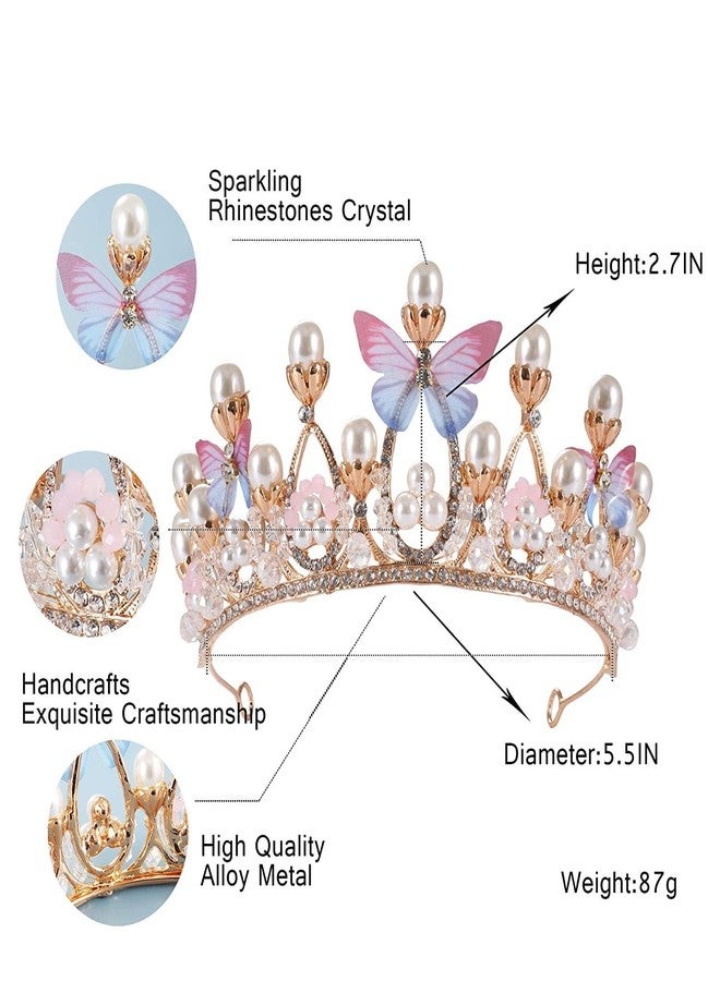 CARTSHOPPER Princess Crown Butterfly, Crystal Tiara Pearl, Bridal Tiara Elegant Prom Hair Jewelry Crown, Birthday, Celebration, Holiday,Costume Party Gift for Girls - Image 2