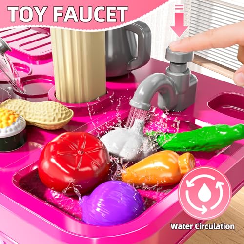 MSKOLER Pretend Play Kitchen Toys for Kid Ages 26 48 2 Sided Kitchen Toys with Light Sound and Spraying Sink Toy Accessories Cooking Stoves Food Toys for Toddlers 13 35 Boys Girls 612 Pink - Image 5