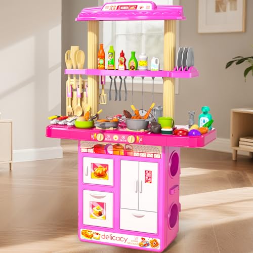 MSKOLER Pretend Play Kitchen Toys for Kid Ages 26 48 2 Sided Kitchen Toys with Light Sound and Spraying Sink Toy Accessories Cooking Stoves Food Toys for Toddlers 13 35 Boys Girls 612 Pink - Image 1