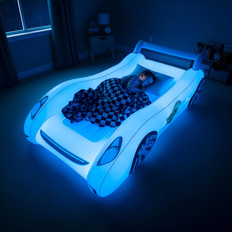 Air Candy سرير هوائي للأطفال على شكل سيارة سباق مع ضوء LED ليلي متوهج - سرير هوائي باللون الأزرق لليالي النوم، القيلولة والسفر، للأعمار من 3 إلى 12 سنة - Image 3