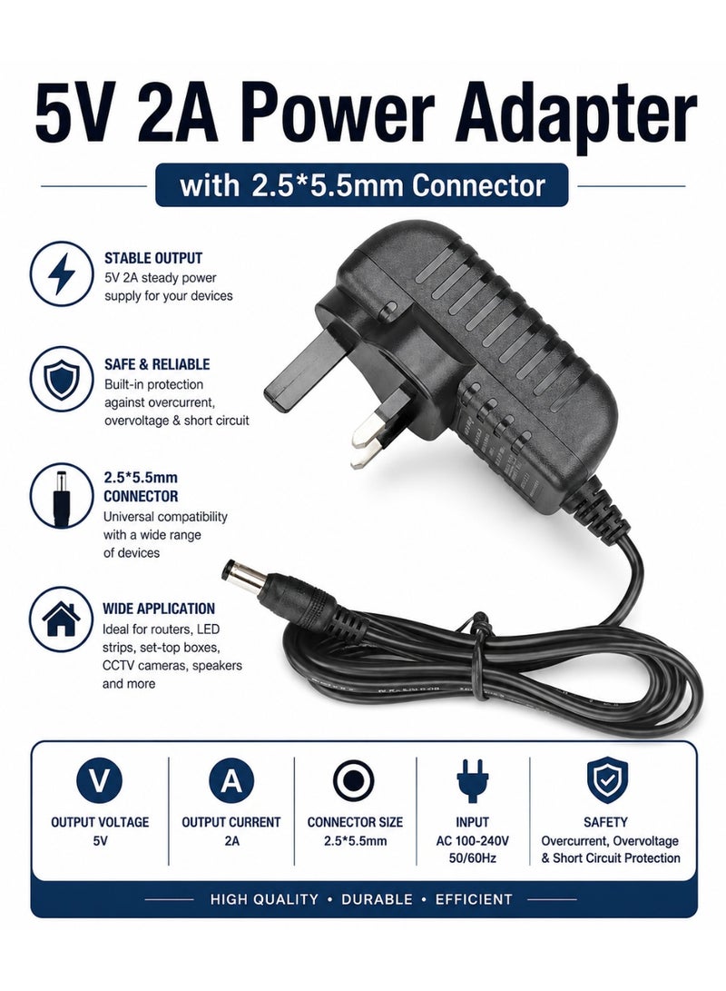 ​كابل كونف محول طاقة CableConv بقوة 5 فولت و2 أمبير مع موصل تيار مستمر 2.5×5.5 مم - شاحن تيار متردد/مستمر مستقر لكاميرات المراقبة، وشرائط LED، وأجهزة التوجيه، والأجهزة الإلكترونية - Image 3