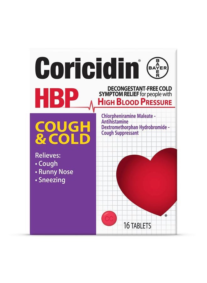 Coricidin HBP Decongestant-Free Cough and Cold Medicine - Specially Designed Relief for High Blood Pressure, Cough, Runny Nose, Sneezing and Cold Symptoms (16 Count)  - Image 1